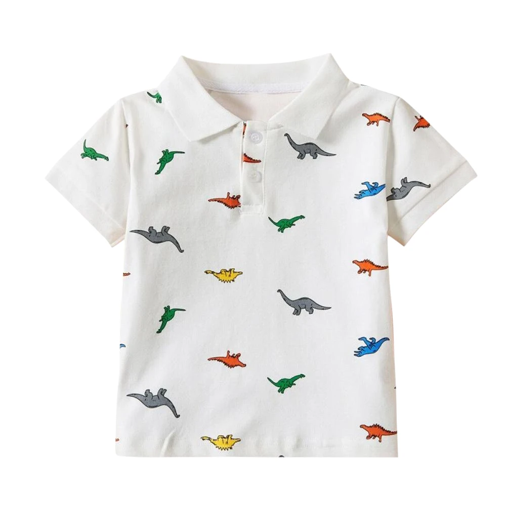 Boy's Cotton Dinosaur Print Polo Shirt Tshirt Blouse Solid Color Short
