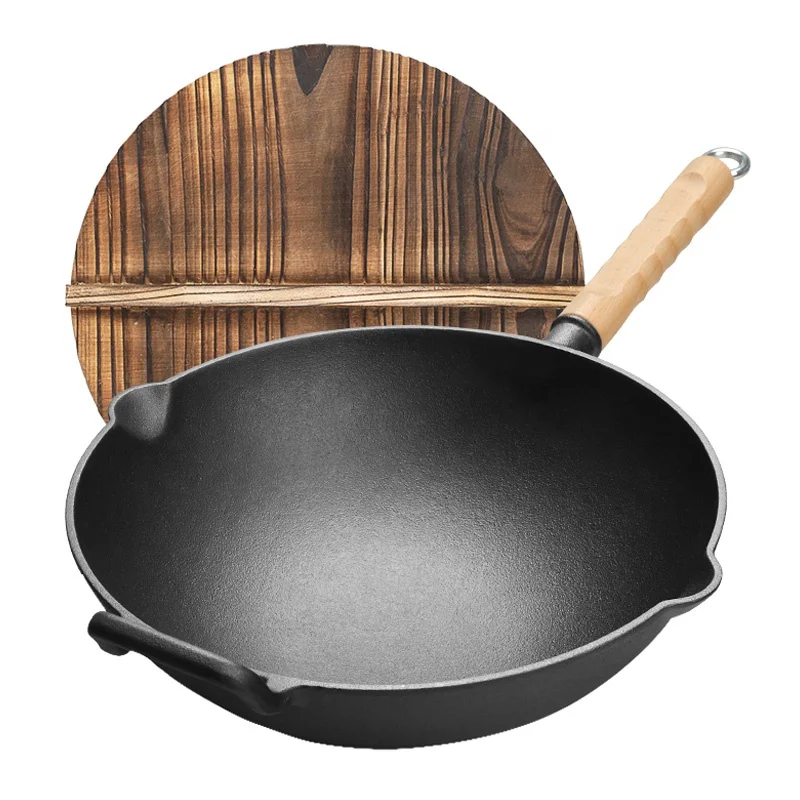 12 Inch Chinese Wok Traditional Cast Iron Stir Fry Wok Pan With Wooden