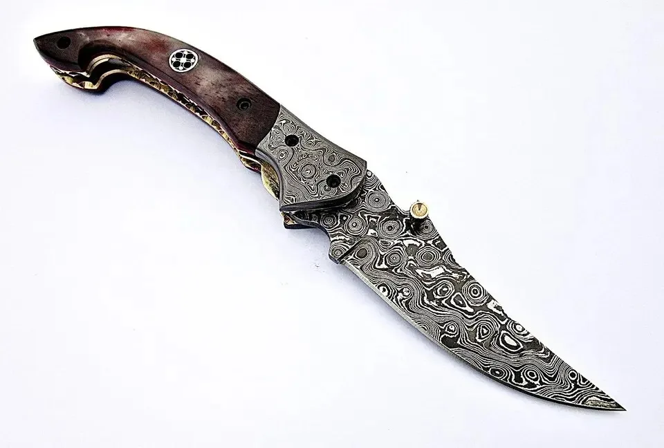 Pakistan Made Pocket Knives Liner Lock Folding Knife Damascus Steel Raindrop Pattern Resin