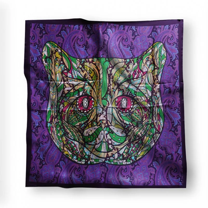 100 Made In Italy Silk Scarf Purple And Green Cat Tribal Timeless