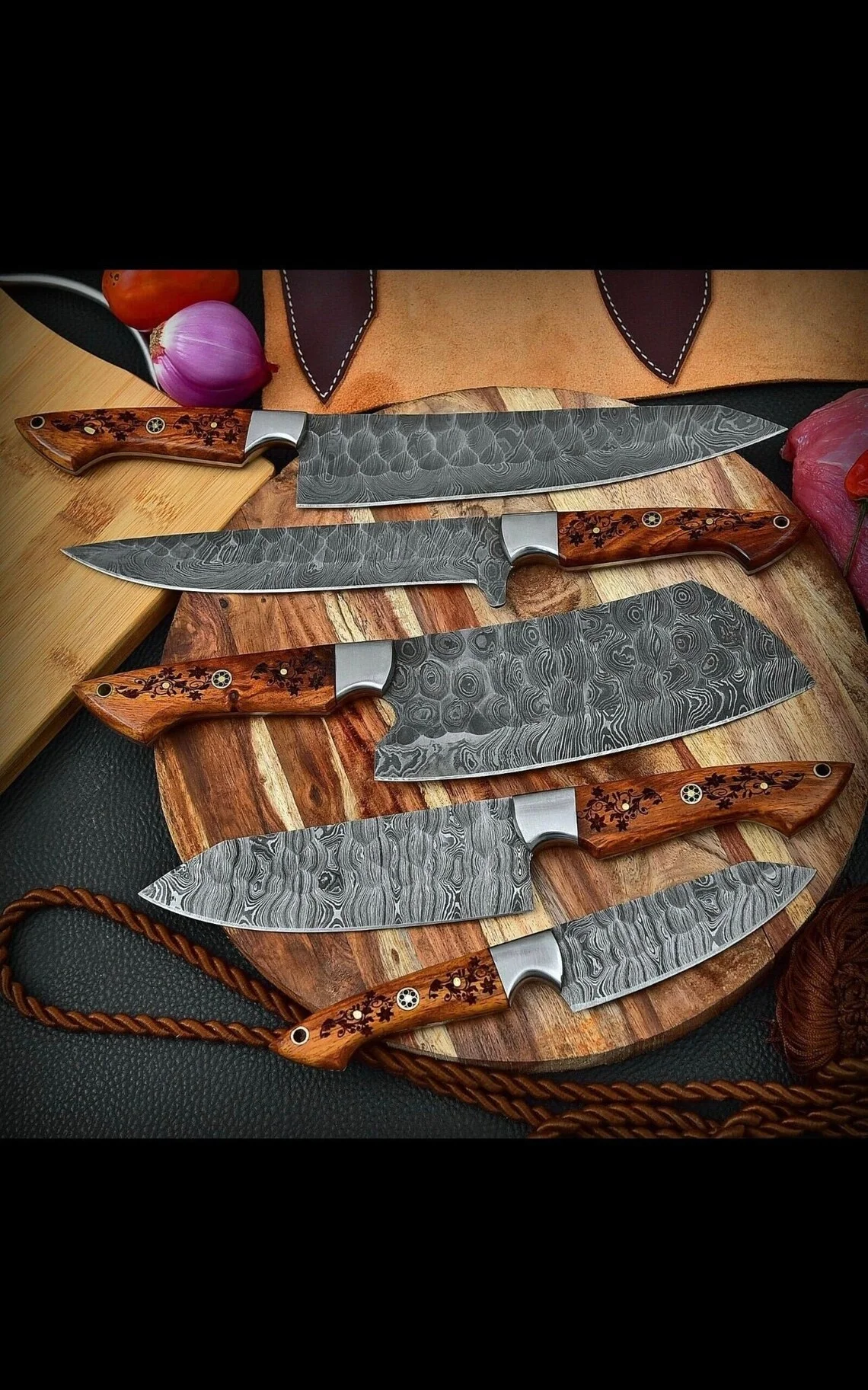 Labonita Feltham Custom Handmade Damascus Chef Knife Set With Leather