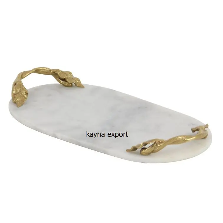 White Marble Gold Handle And Edges Decorative Serving Tray In Bulk