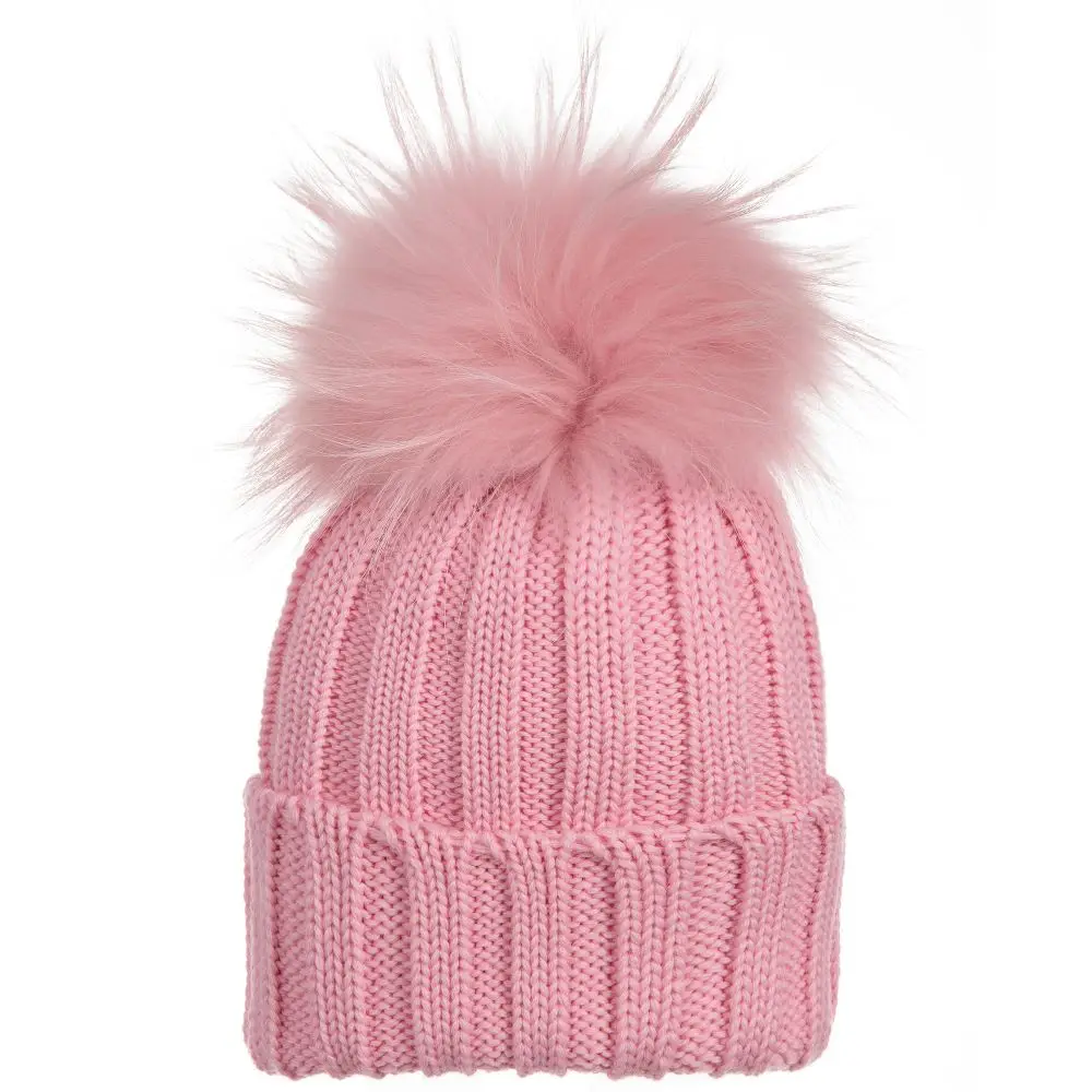 pink beanie with fur pom