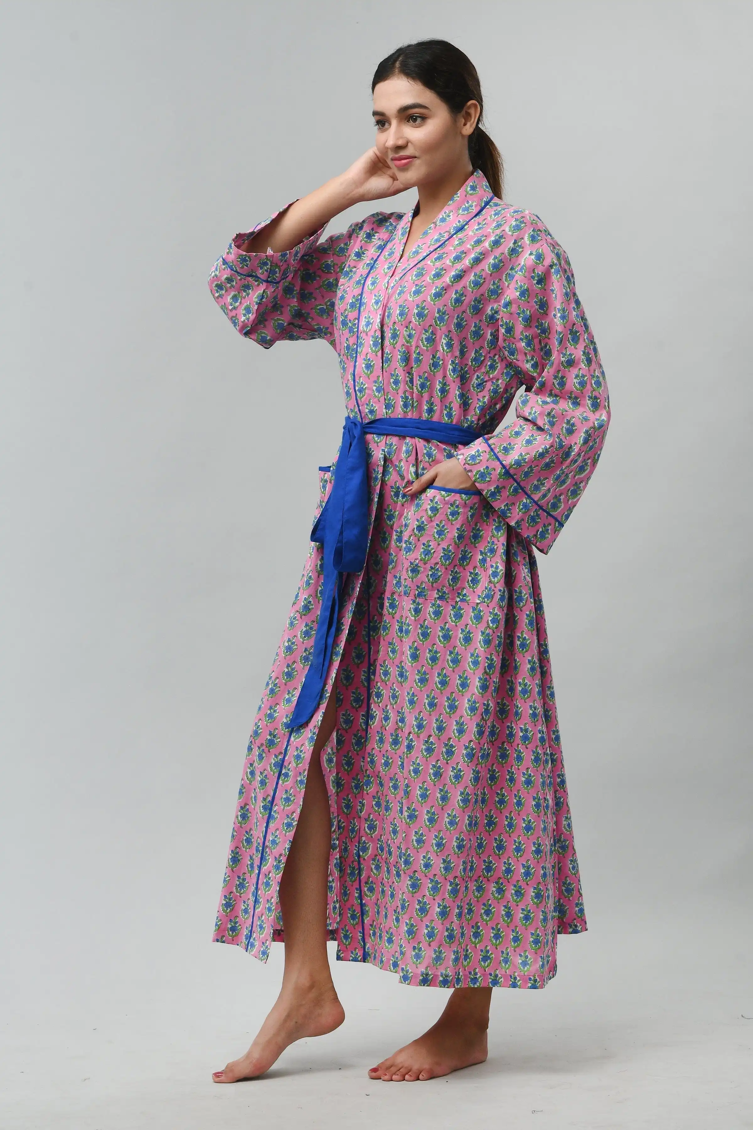 Handmade 100 Cotton Kimono Bathrobe Blue And Pink Color Hand Printed