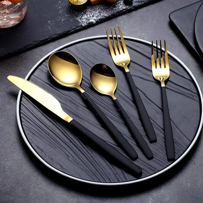 Black And Gold Polished Metal Flatware Set Wholesale Manufacturer