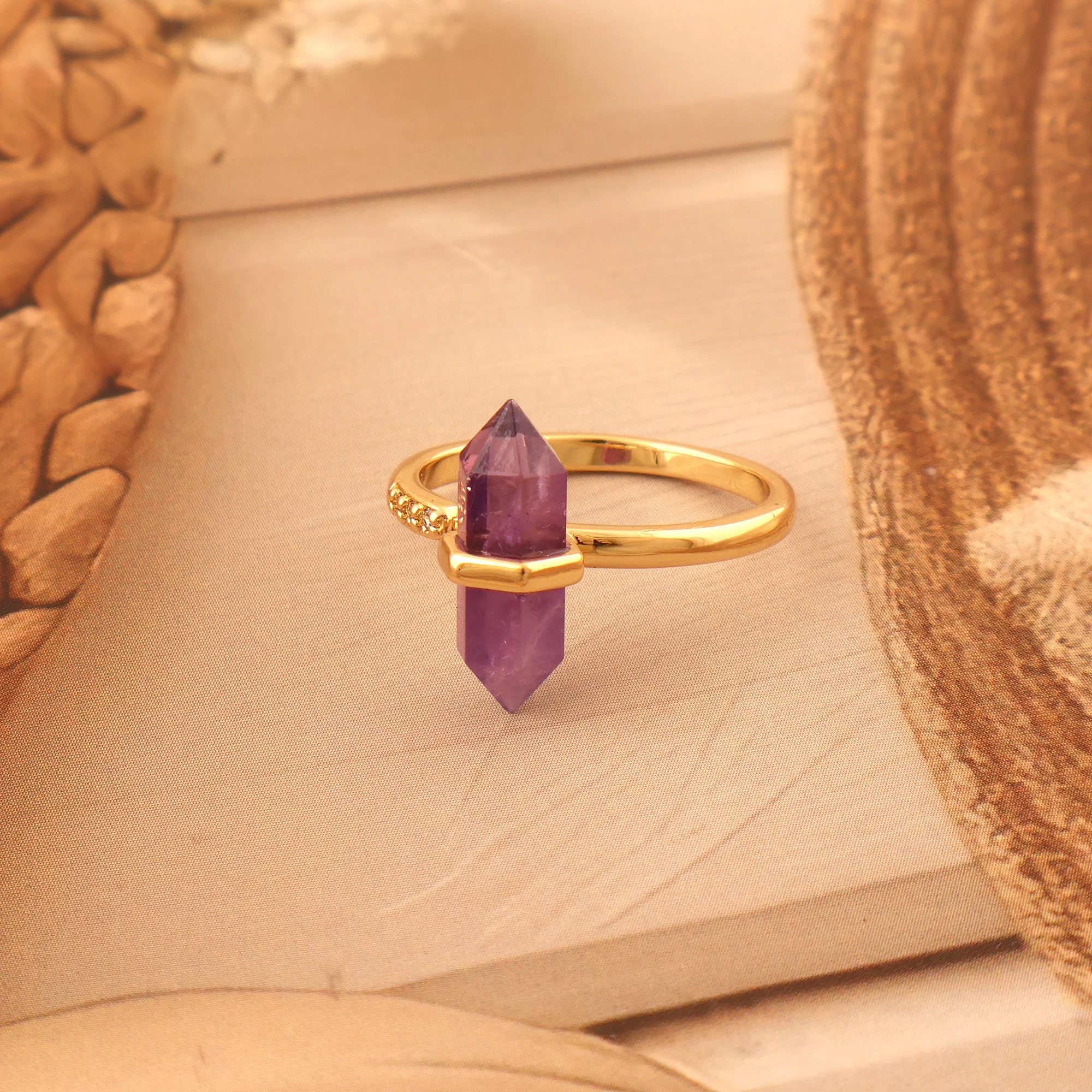 18k Amethyst Crystal Double Points Ring Dainty Zircon Ring Adjustable ...
