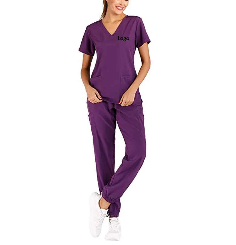 Womens Solid Stretch Medical Uniform Scrub Set V Neck Top Cargo Tapered