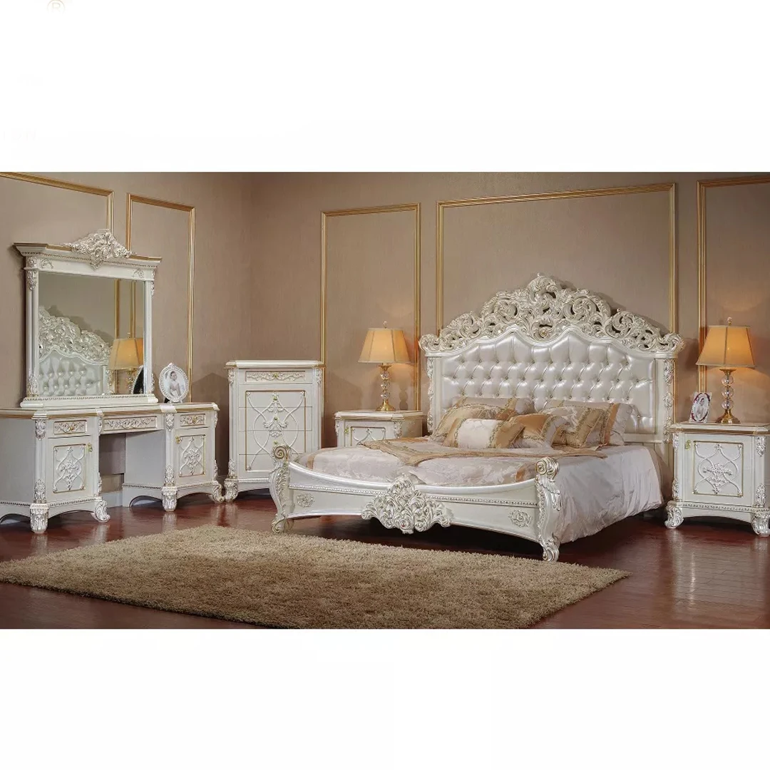 Wooden Antique Style Royal Bedroom Set In Unique Majestic Look In White