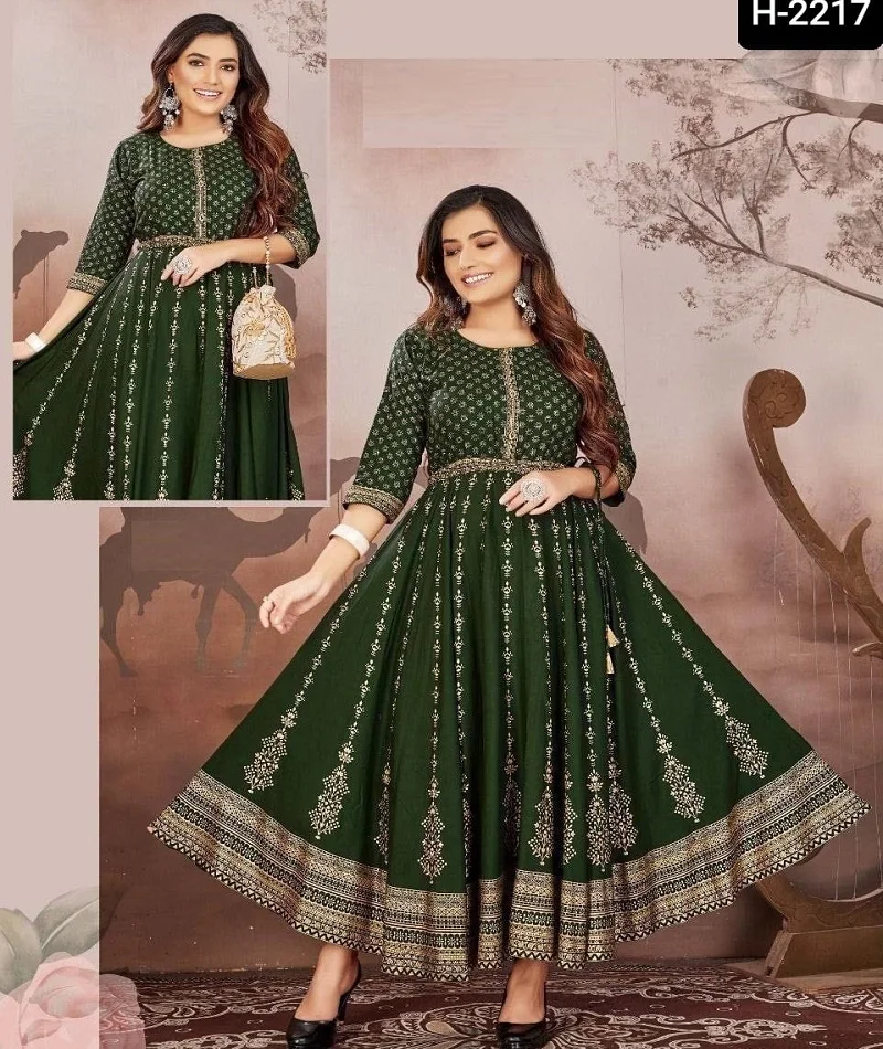 Modern Ethnic Wear Pure Rayon Fabric Anarkali Gowns Style Foil Print Kurtis With Plus Size