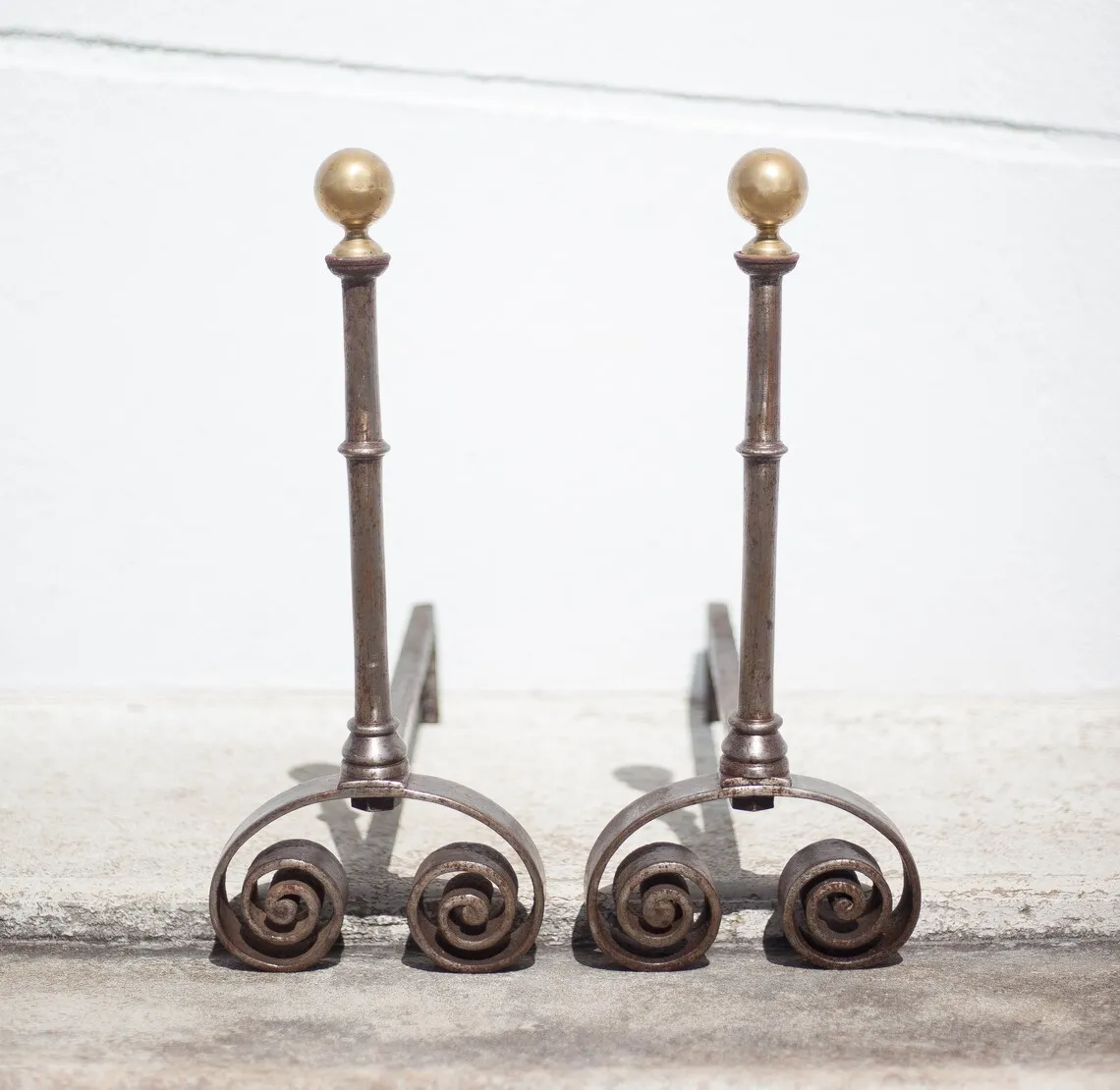 Wrought Iron Andirons And Brass Ball For Storage Holder Backyard