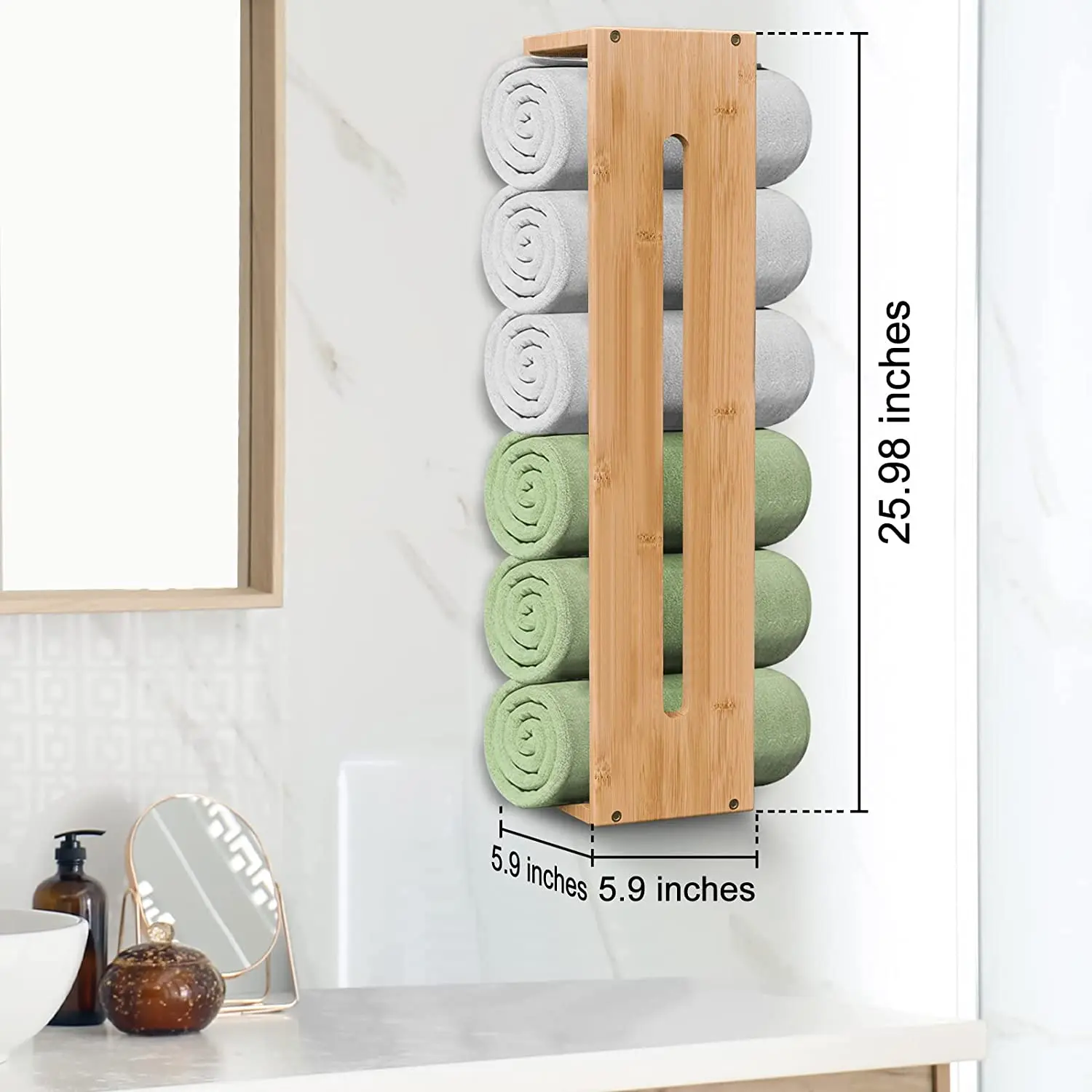 Rolled Towel Rack Wall Mounted Bathroom Bamboo Towel Holder Shelf