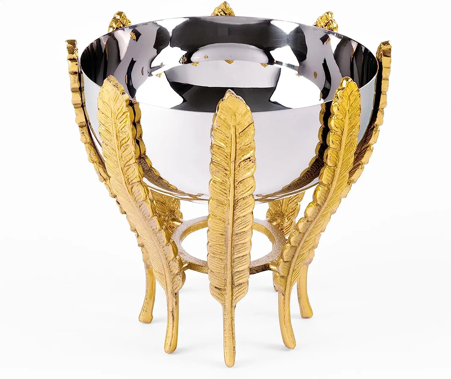 Steel Serving Bowl With Gold Leaf Stand Embossed Patterned Elements Accent Piece For Upscale