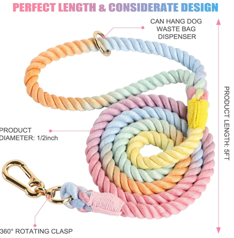 Rainbow Cotton Rope And Leather Dog Leash - Stylish And Unique Dog ...