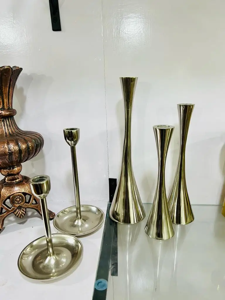 Brushed Gold Metal Contemporary Pillar Candle Holder For Living Room