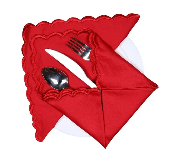 Red Cotton Embroidered Scallops Cotton Cloth Napkins Housewarming Gift