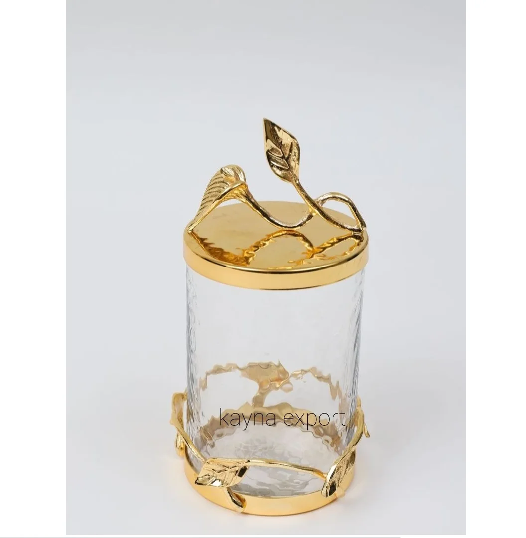 New Collection Luxury Decorative Hammered Glass Gold Leaf Design Fancy Canister Set For