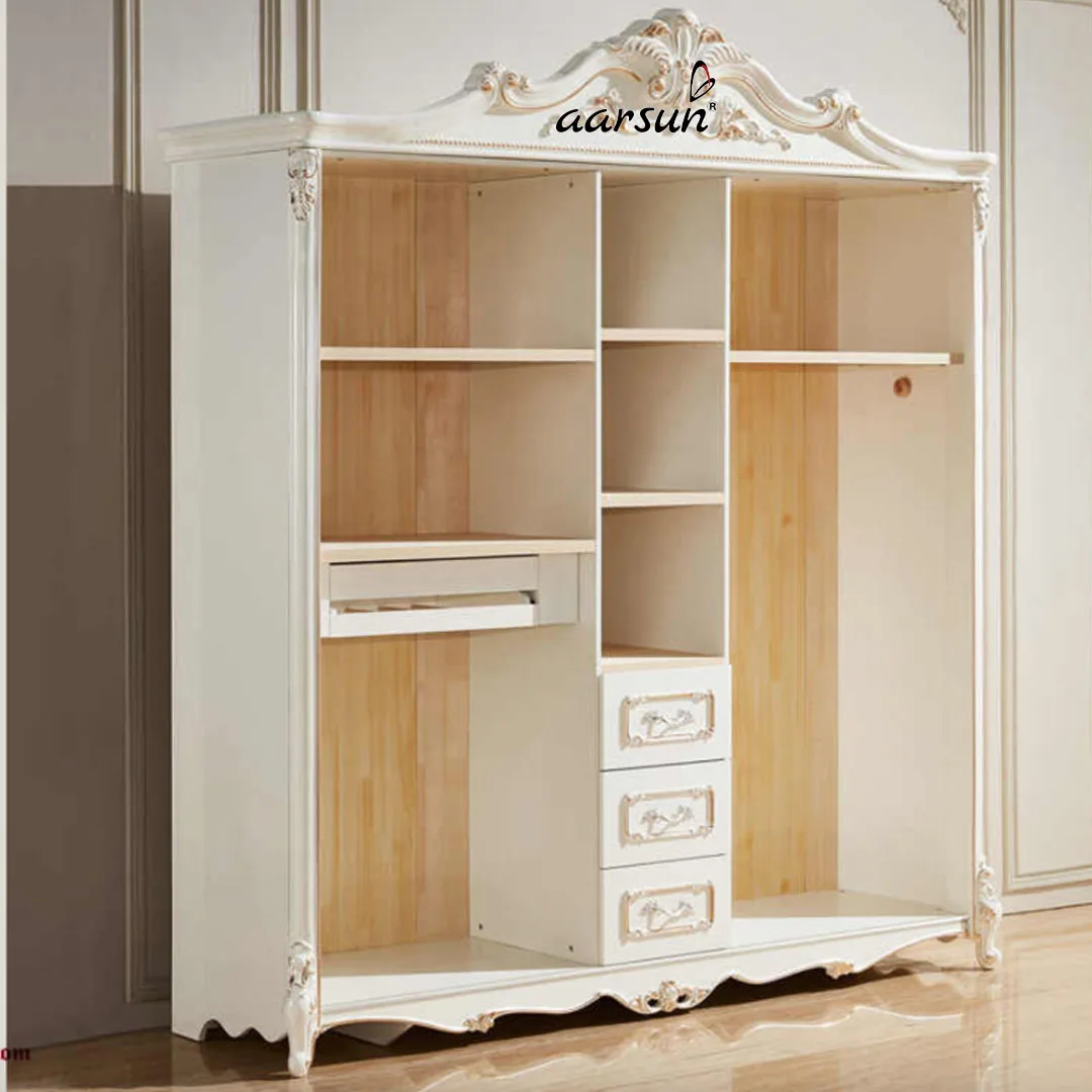 Aarsun Royal Closet Glossy White With Gold Highlighting Wardrobe Design