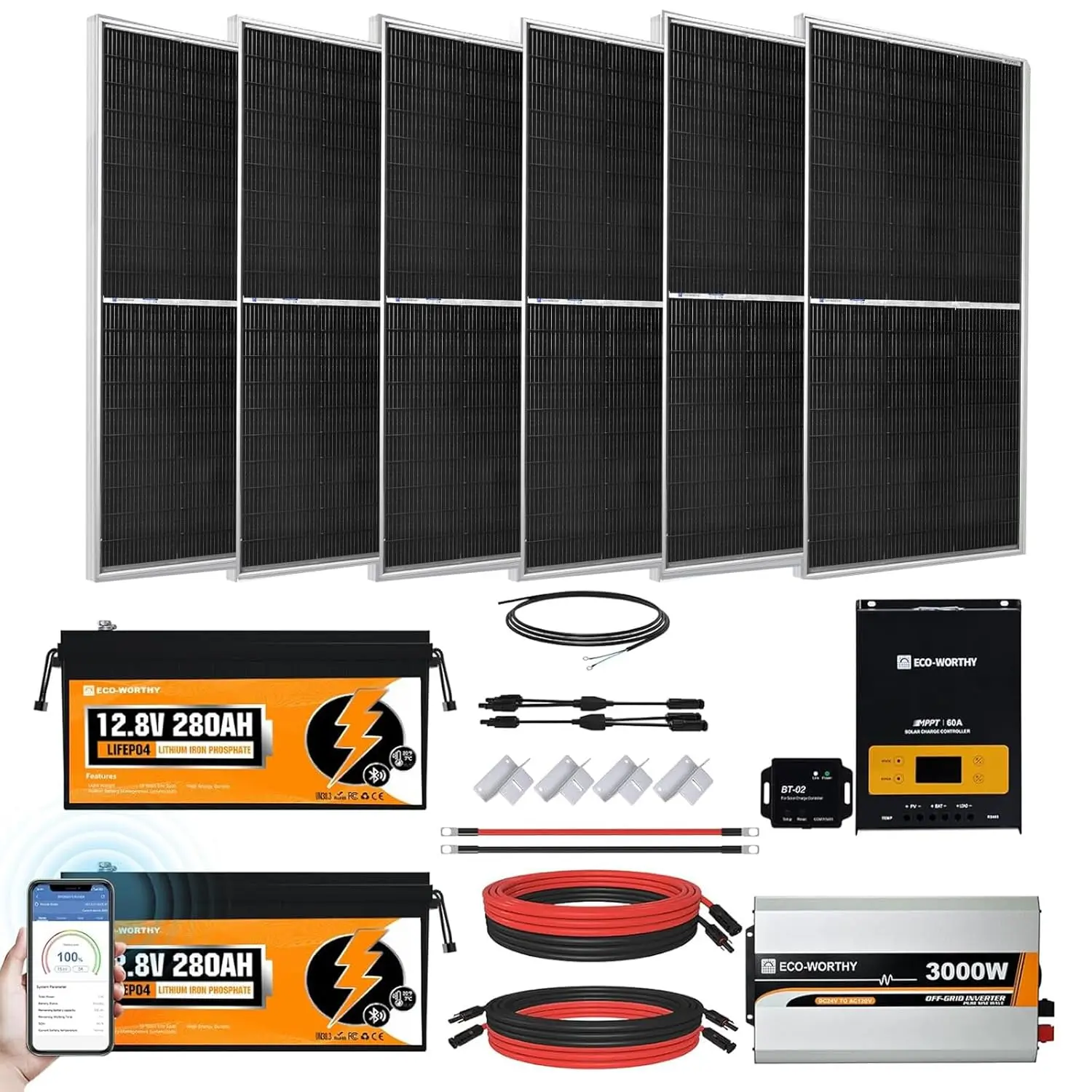 Ultra ECO-WORTHY 1200W 24V 5.52KWH Lithium Battery Solar System Off Grid