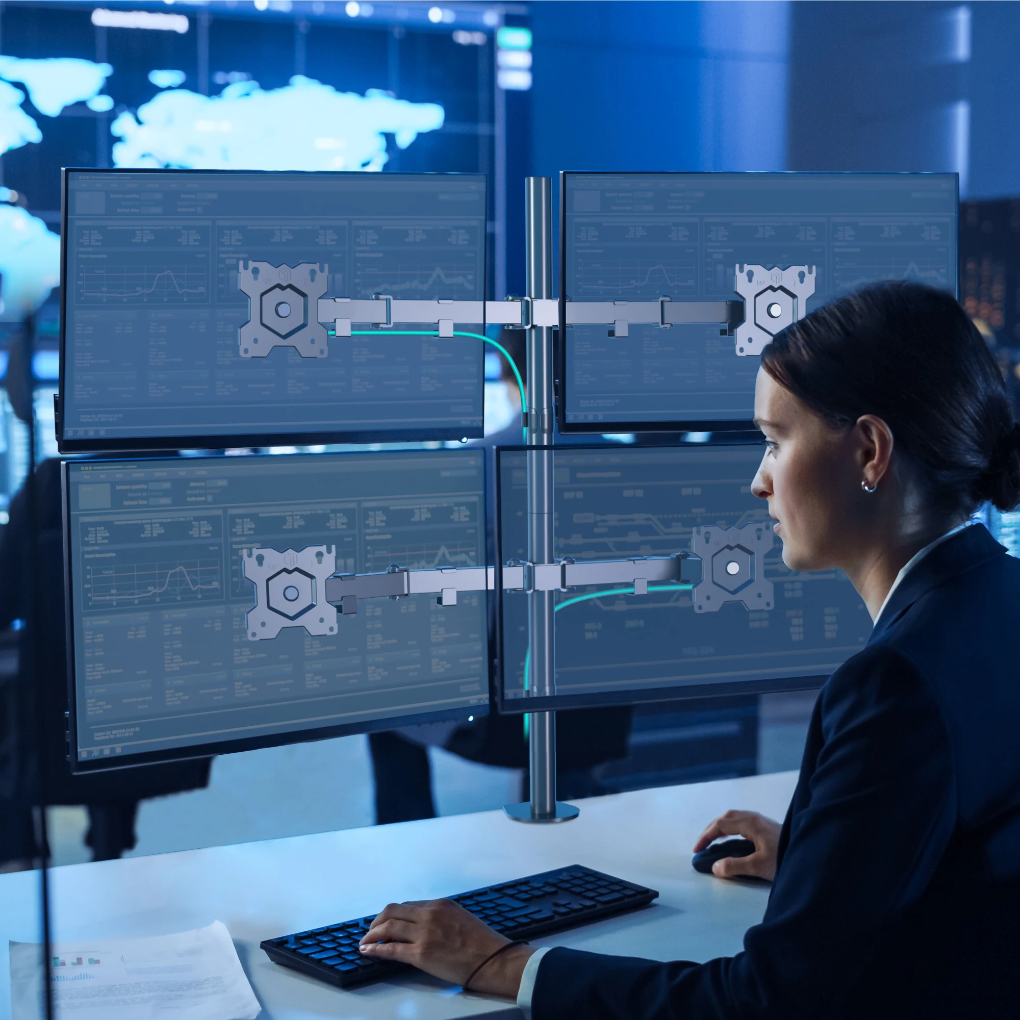 Onkron Quad Monitor Desk Stand For 13 32 Lcd Led Oled Screens Up To 4 X 8 Kgs Full Motion