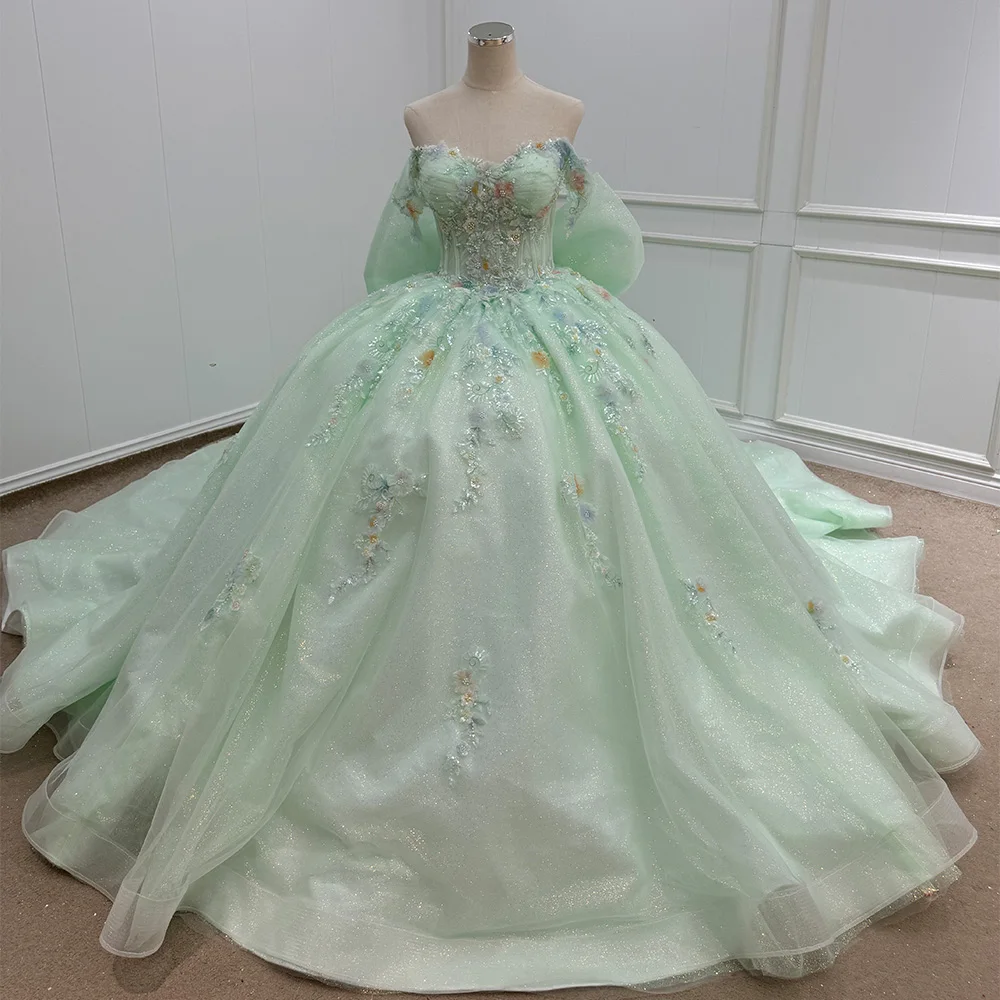 mint green dress for 15 Quinceanera Party Beading Ball Gown Bride Robe Scoop Neck Appliques Bridal Dresses vestido de quinceañera WN83 - Green W142026MonDay