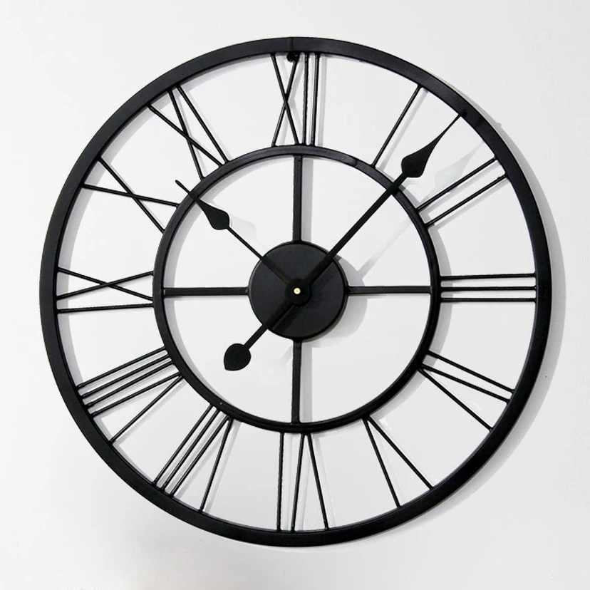Classic Metal Wall Clock Round Shaped Antique Industrial Iron Skeleton