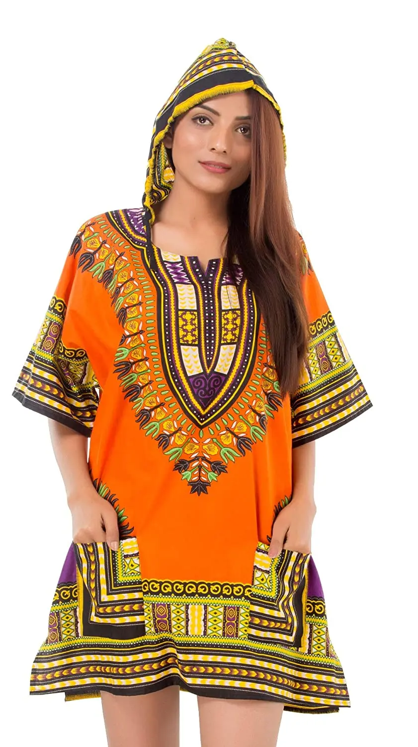 Mens Women African Dashiki Hoodie Ethnic Top W/ Hood Traditional Blouse S M L XL 