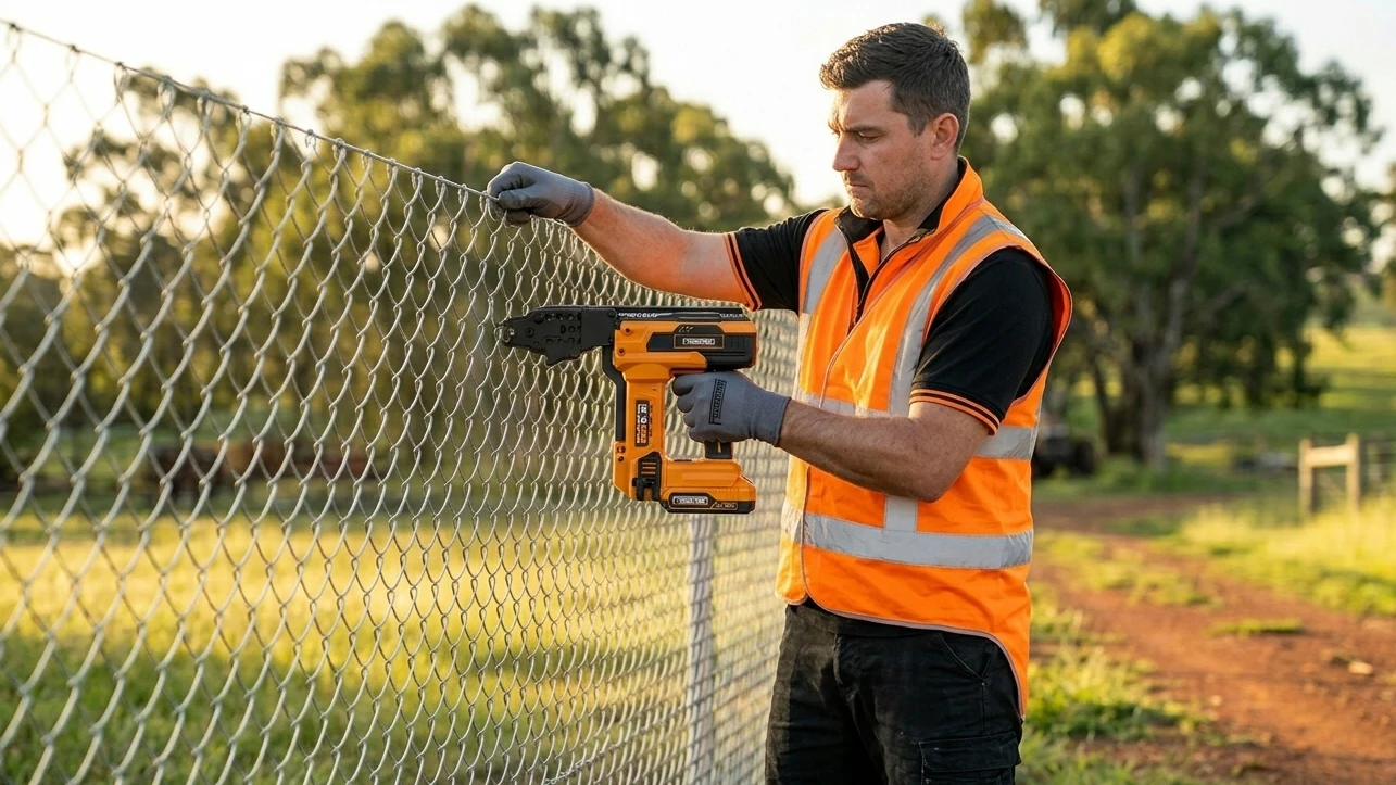 Contractor using Freeman Cordless Hog Ring Gun on wire fence