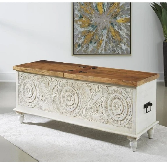 Natural Mango Wood Hand Carving White Wash Coffee Table Trunk With