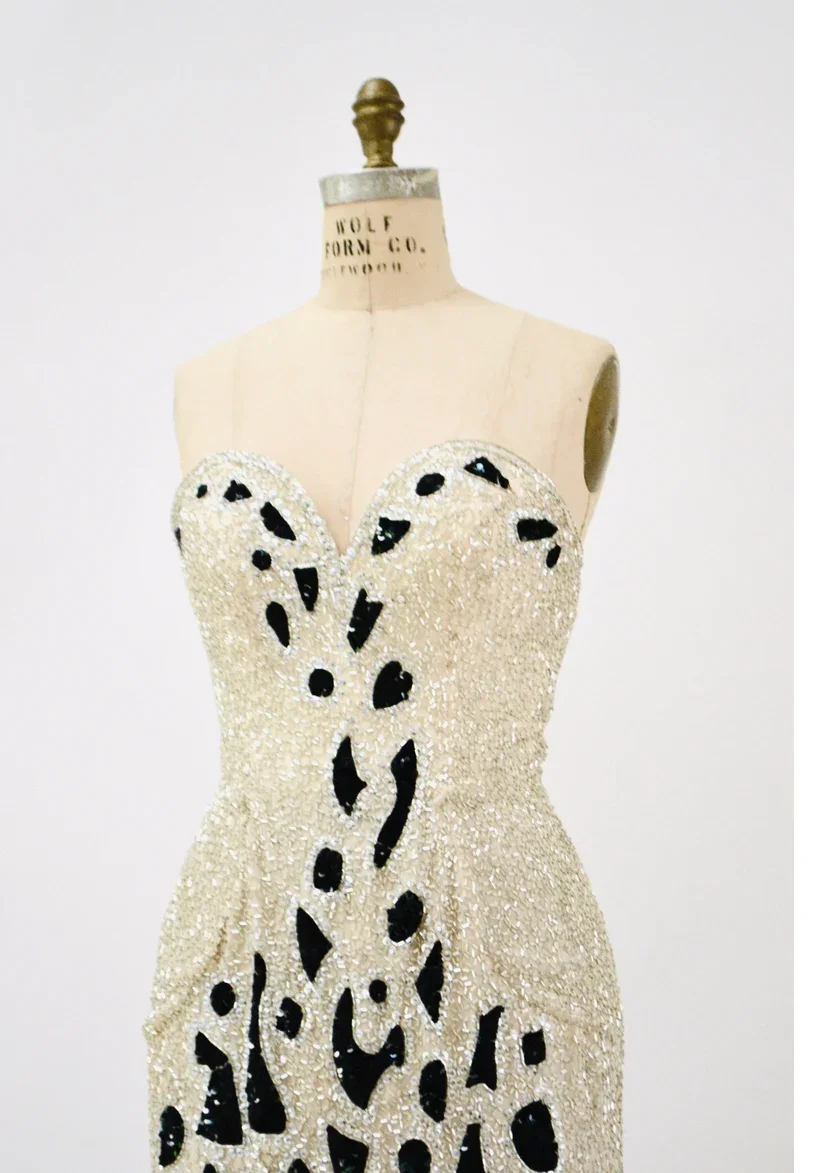 Vintage Beaded Sequin Strapless Dress Bob Mackie Cream White Silver ...