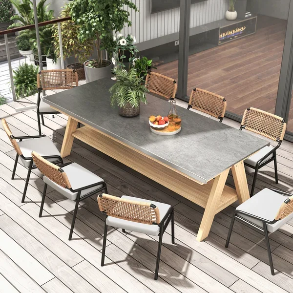 Audey Outdoor Modern Marble & Wood Dining Table Set With Aluminum Rattan Chairs - Buy Garden ...