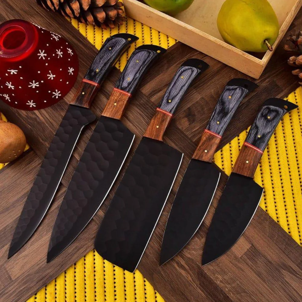 J2 Japanese Damascus Kitchen Chef 5 Pcs Knives Set With Pakka Wood