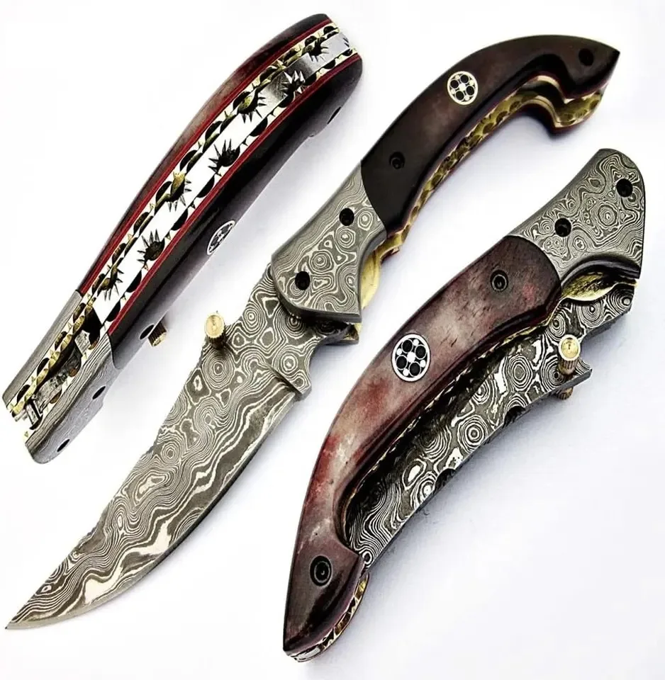 Pakistan Made Pocket Knives Liner Lock Folding Knife Damascus Steel Raindrop Pattern Resin