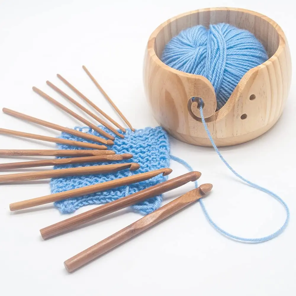 Wooden Yarn Bowl With 12 Pcs Bamboo Handle Crochet Hook,Wool Storage