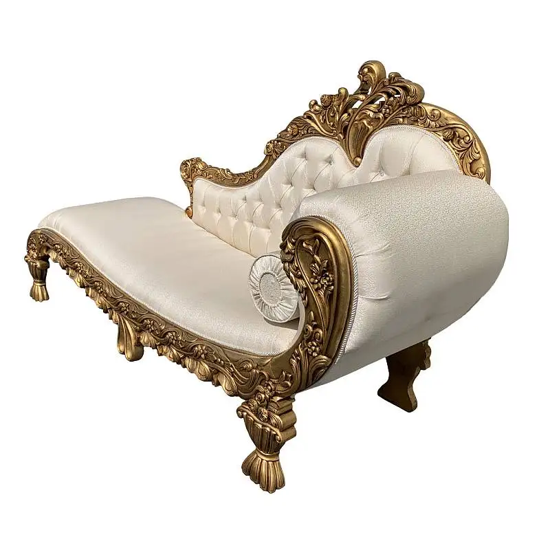 Luxury European Chaise Lounge Antique White Leather Gold Leaf Sofa Hand
