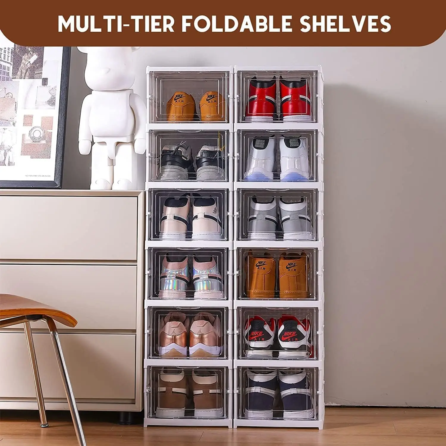 Zapatero multicapa plegable apilado en dormitorio