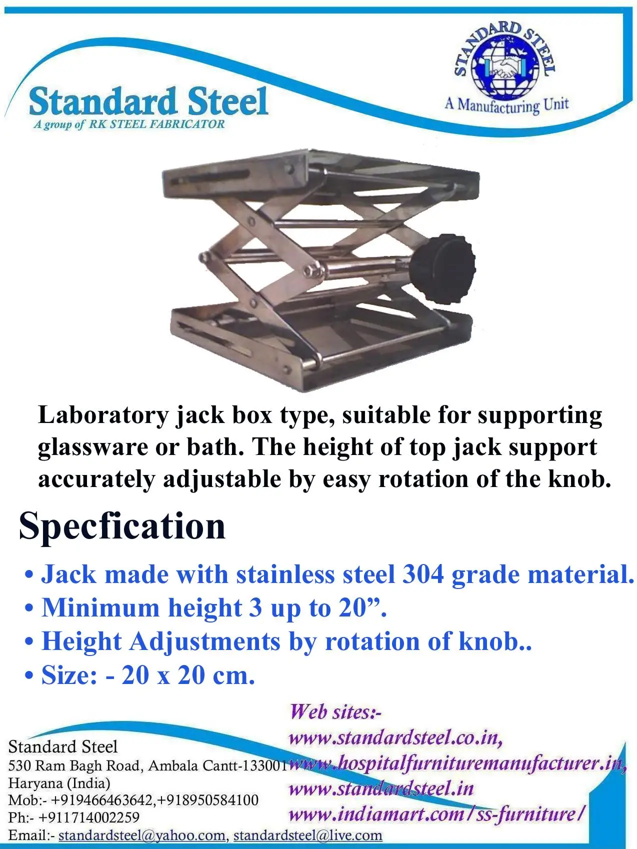 Laboratory Jack Lab Apparatus Manual Height Adjustable Scissor Lift
