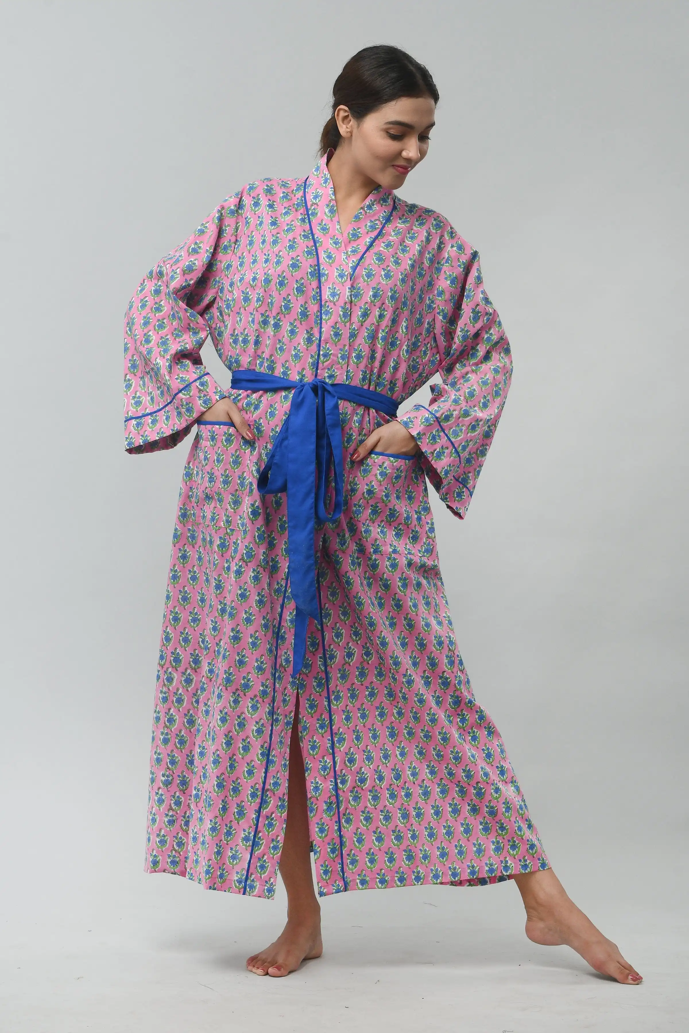 Handmade 100 Cotton Kimono Bathrobe Blue And Pink Color Hand Printed