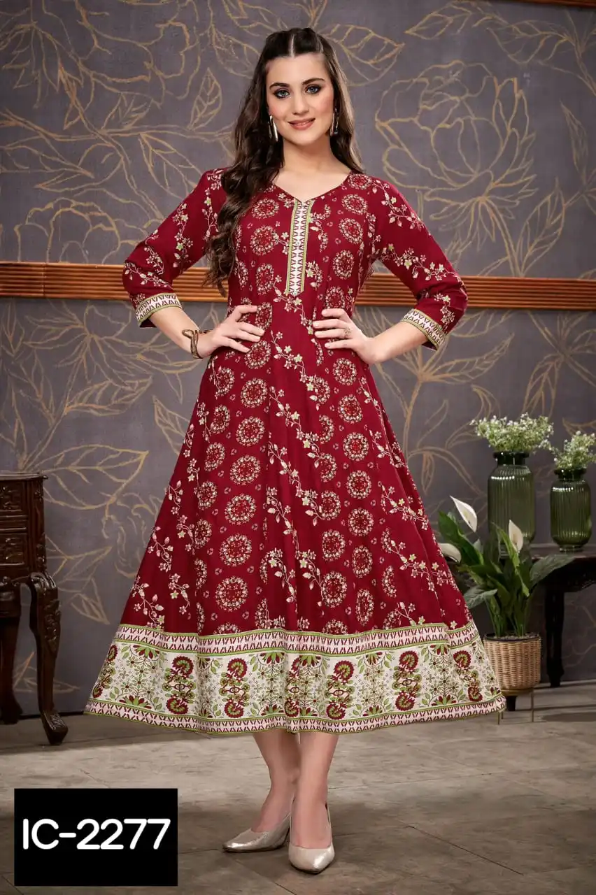 Bollywood Damask Rayon Kurti — 3/4 Sleeve Ethnic Tunic Top For Women, Length 48"