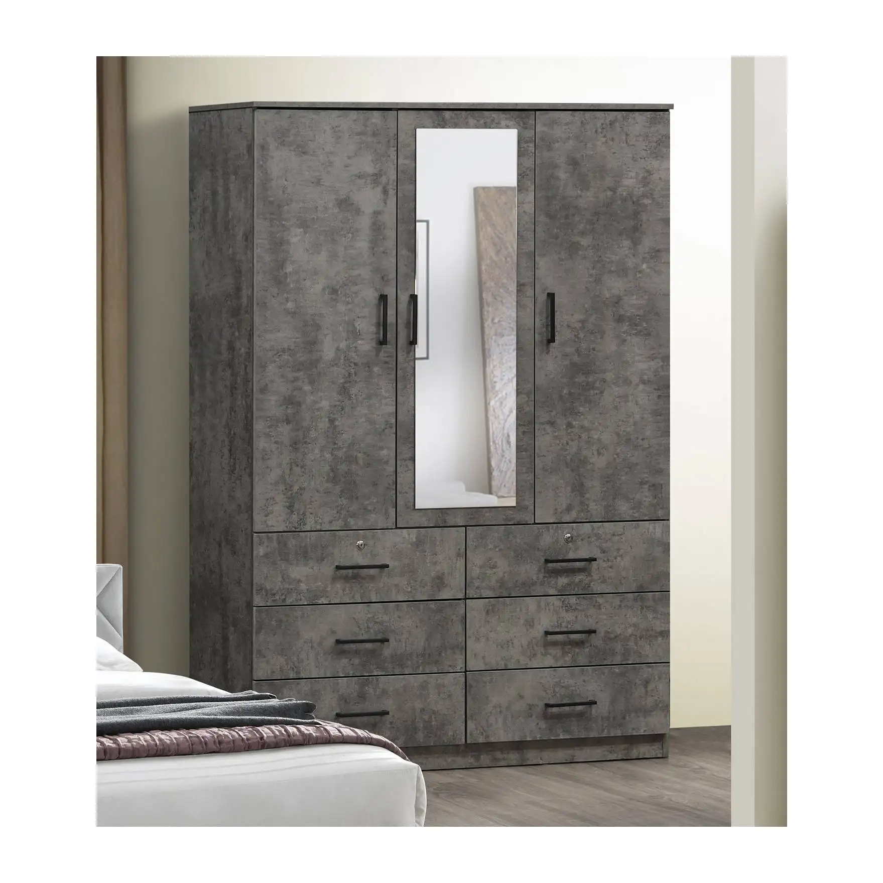 Malaysia Ready For Export Wardrobe With Mirror 3 Doors 6 High Capacity