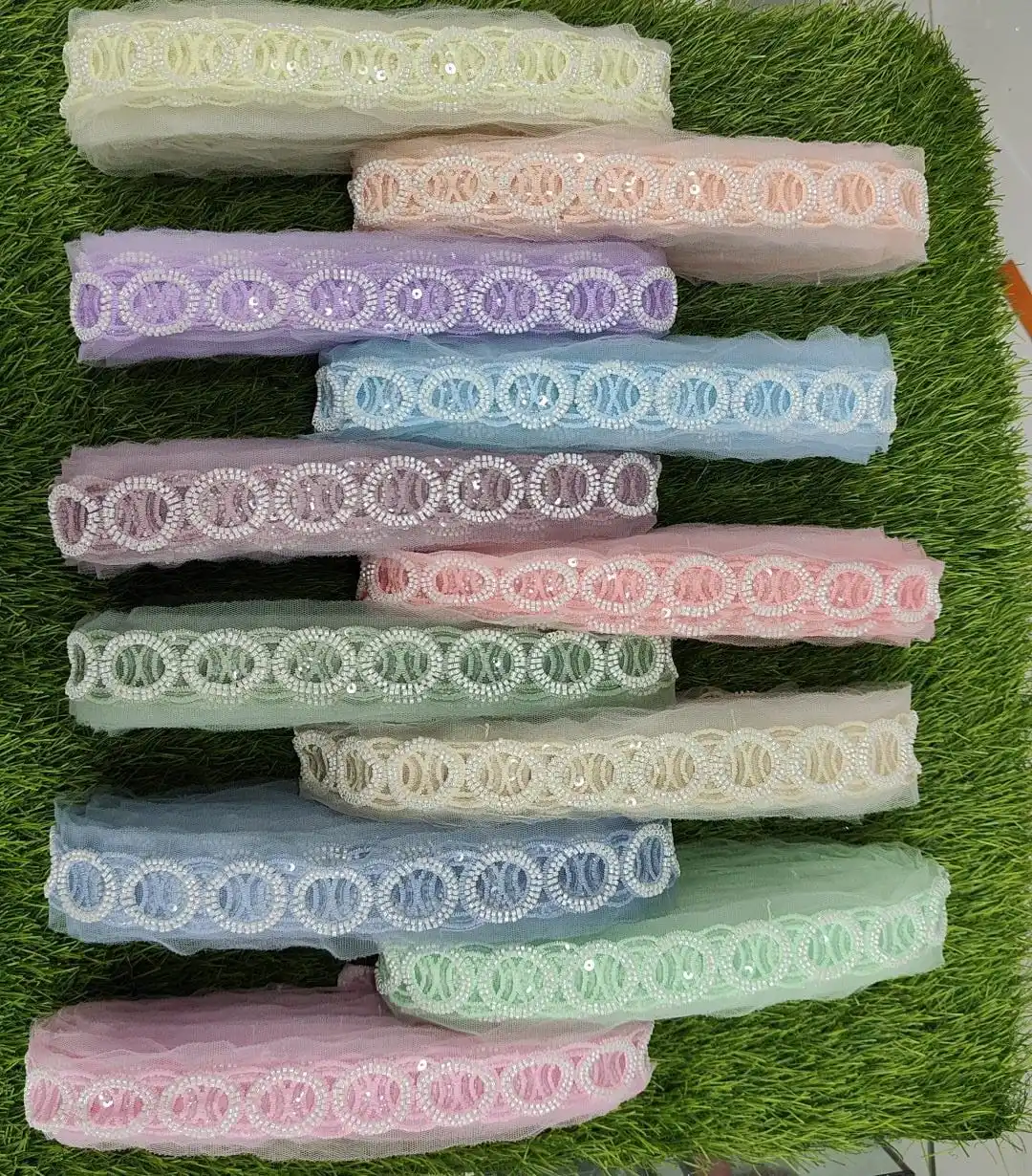 Custom Made In Leaf Design Embroidered Stone Work Laces With Multi