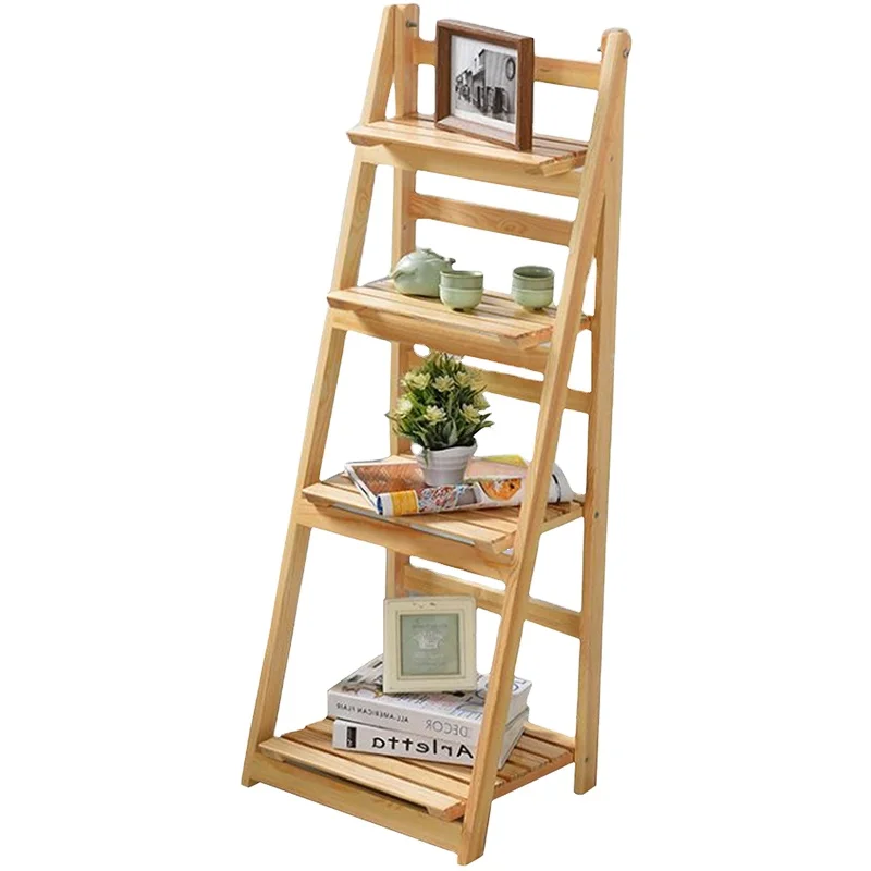 Bamboo Folding Ladder Plant Stand Storage Shelf In The Living Room