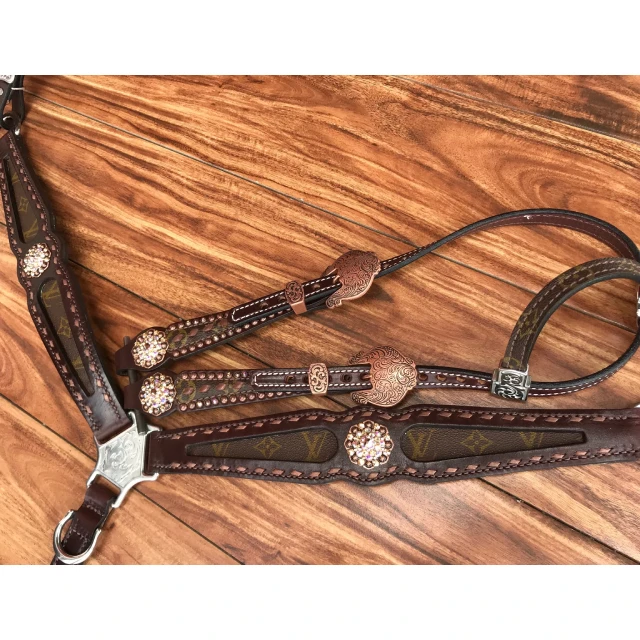 Antique Nickel Hardware Set Horse Leather Western Headstall With Rein