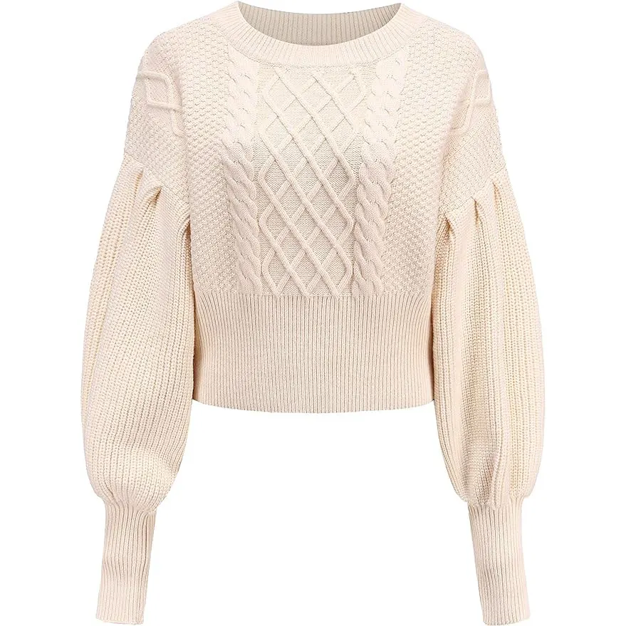 Fashion Design Women Cable Knit Design Crew Neck Cashmere Pullover 