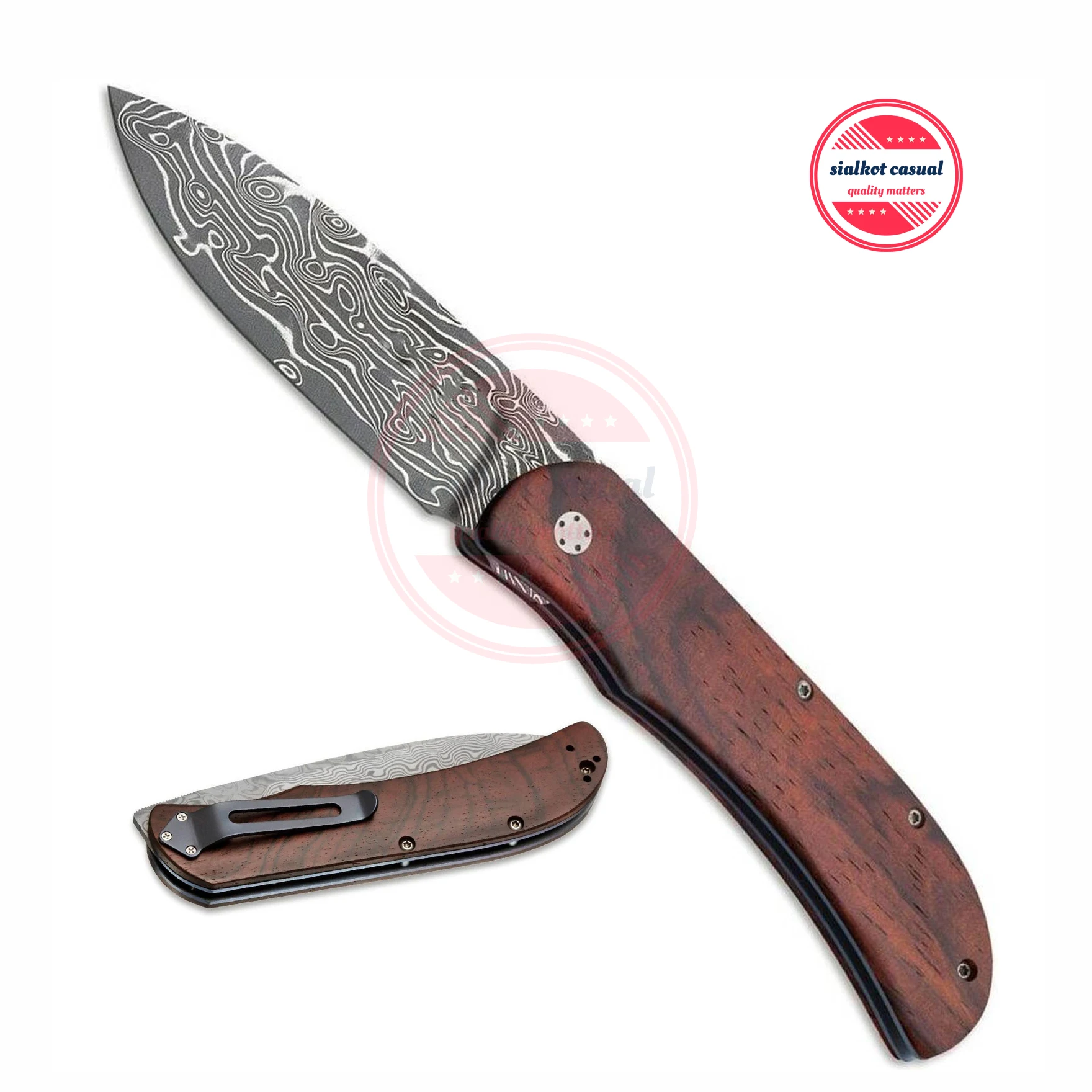High Quality Damascus Steel Blade Wooden Handle Folding Knife Pocket