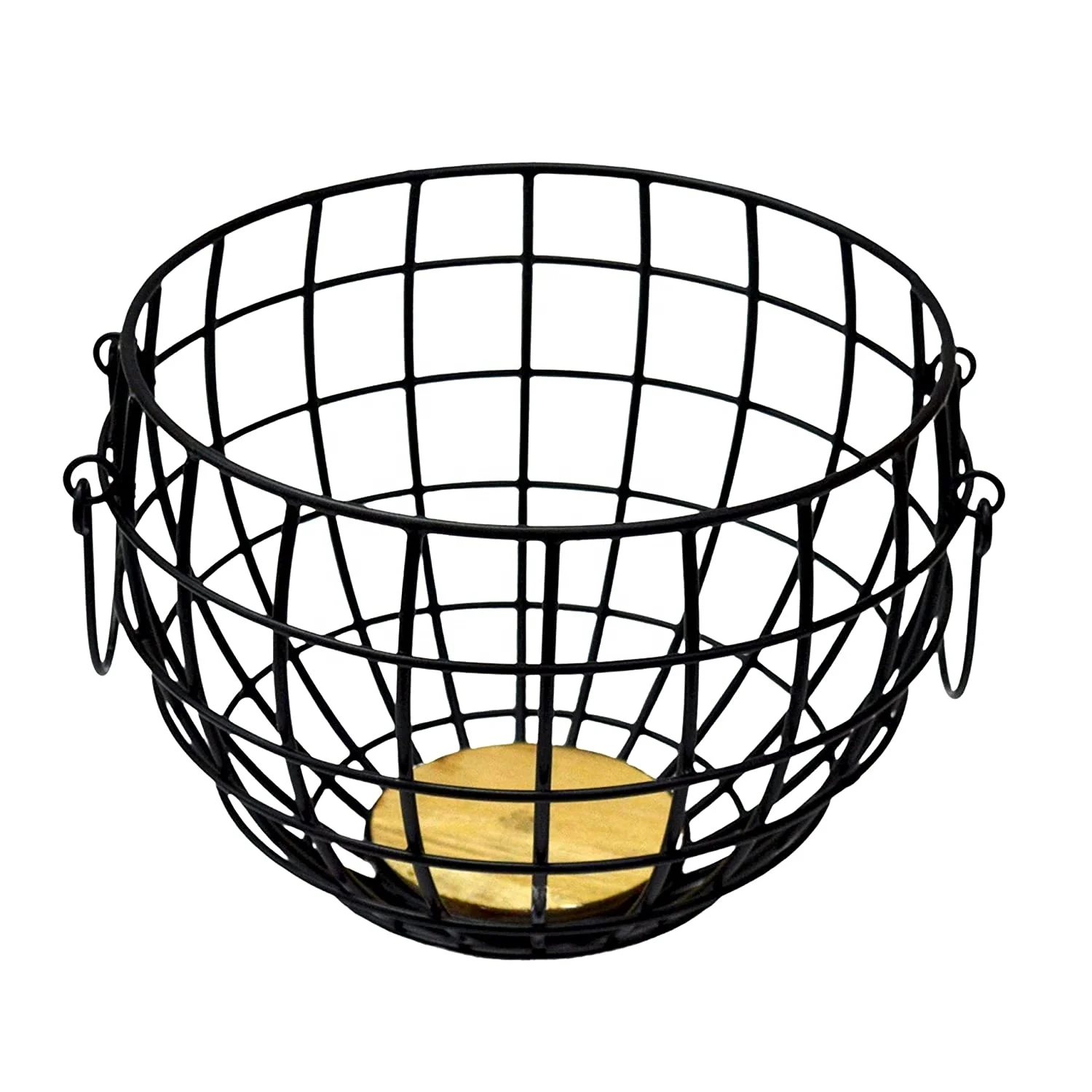 Modern Round Black Wrought Iron Fruit Basket With Handles And Wood Base