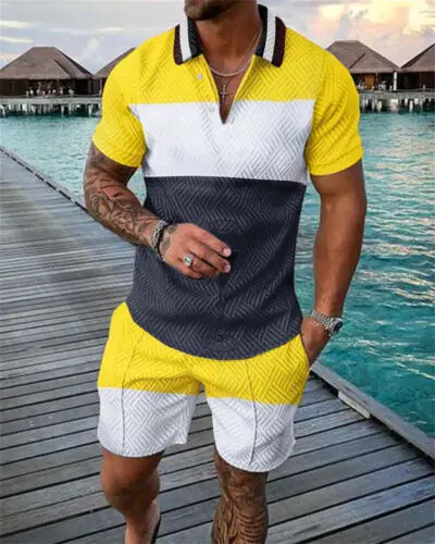 Mens Summer Outfit 2-piece Set Short Sleeve Polo Shirts And Shorts ...