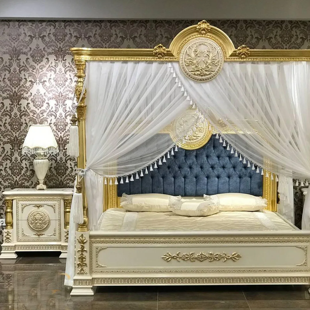 Gold Polish Poster Bed Antique Design Teak Wood Luxury Genuine Bedroom