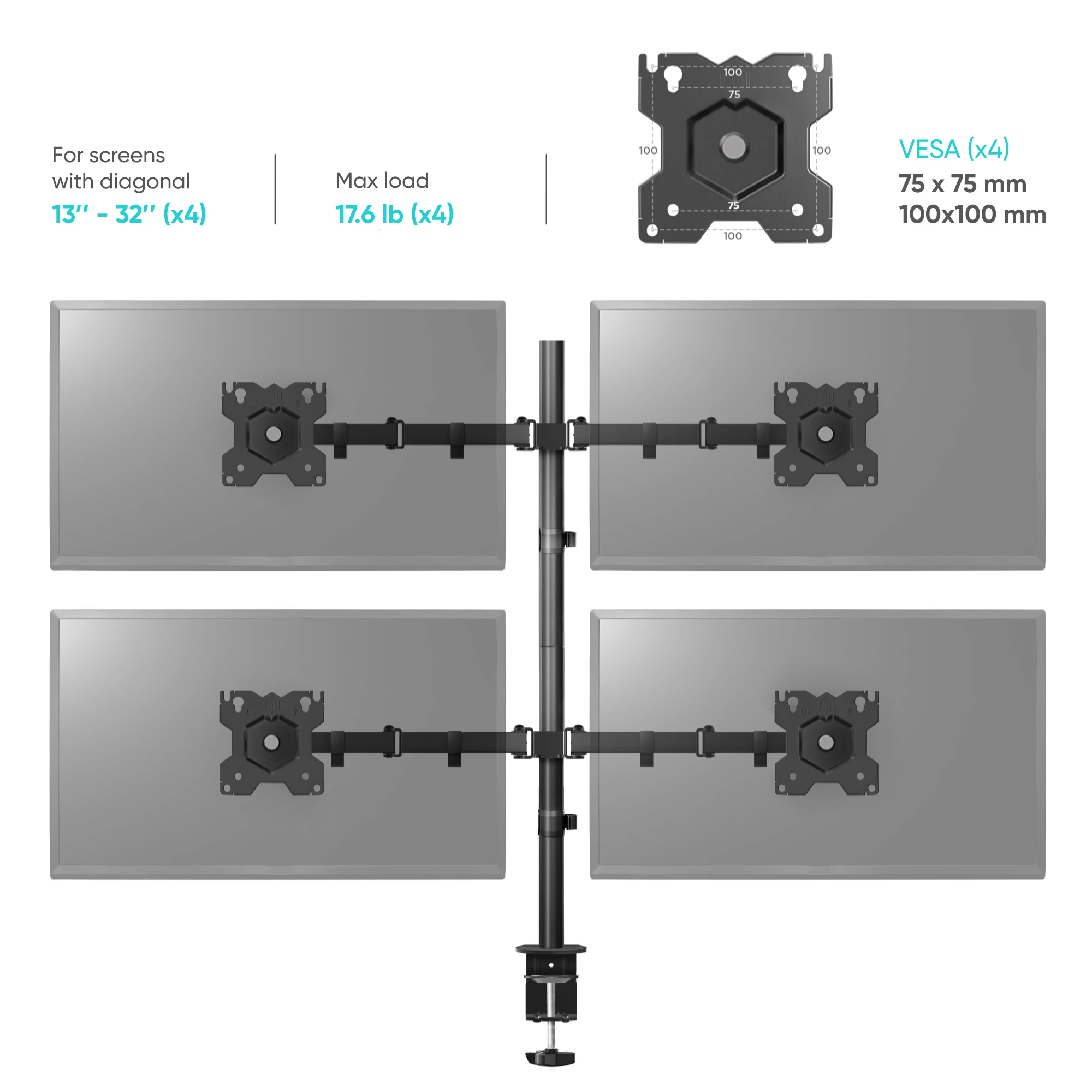 Onkron Quad Monitor Desk Stand For 13 32 Lcd Led Oled Screens Up To 4