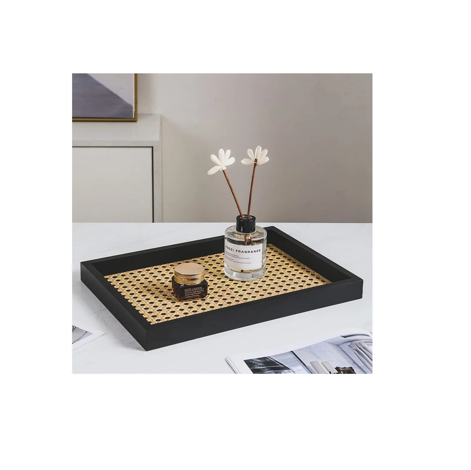 Rattan Ottoman Tray Black Decorative Tray Basket Serving Tray With