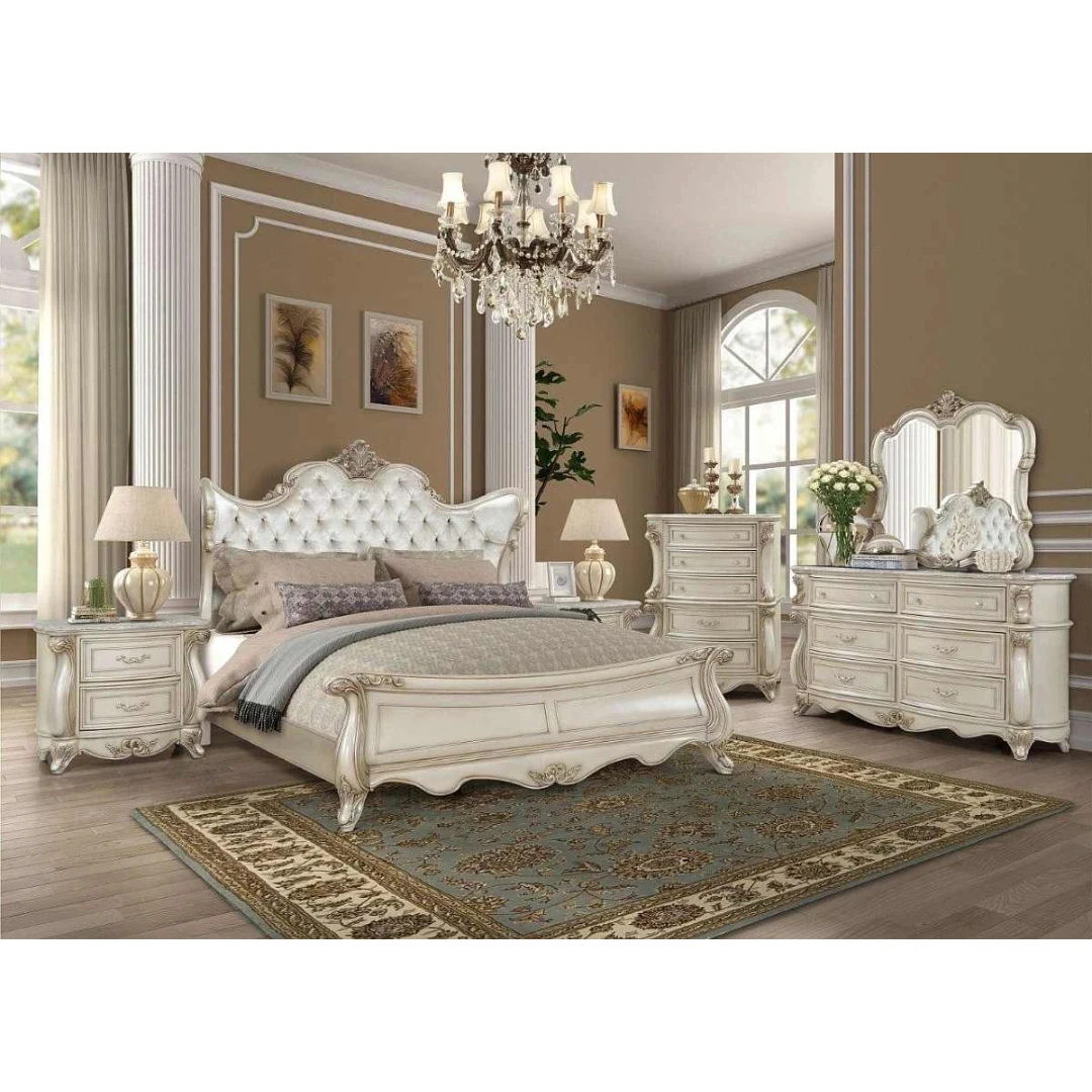 Meiko Solid Wood Luxury Classic Italian Bedroom Set With Carved White